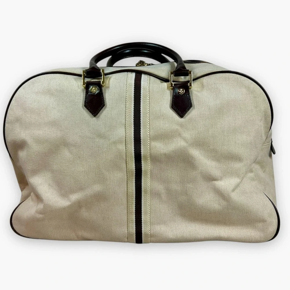 VTG Brooks Brothers Heritage Canvas Leather Travel Bag Medium Duffel Beige‎ Lock